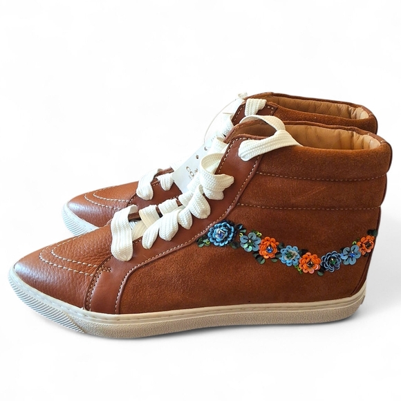 Coach Suede High Top Sneakers with Sequin Floral Embellishment - Picture 1 of 15